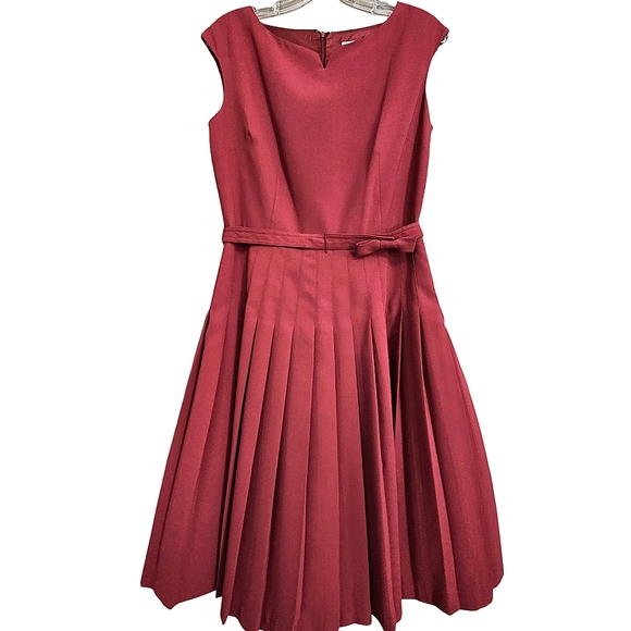 Nwt David Warren Retro Inspired Magenta Sleeveless Pleated Skirt/,Bow Belt Dress - Picture 6 of 17